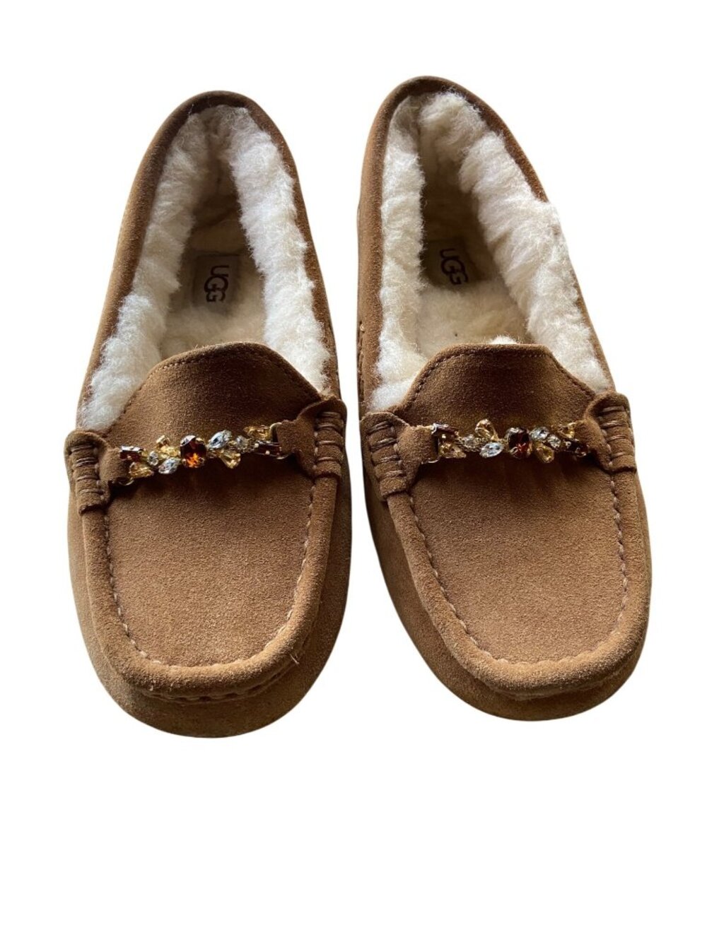UGG Ansley Crystal Embellished Moccasin Slippers Chestnut Shearling Women's US 6